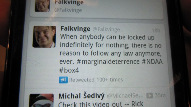 Photo of a tweet having received 100+ retweets: "When anybody can be locked up indefinitely, there is no reason for anybody to follow any law anymore, ever." Tagged Marginal Deterrence, NDAA, and Box 4.